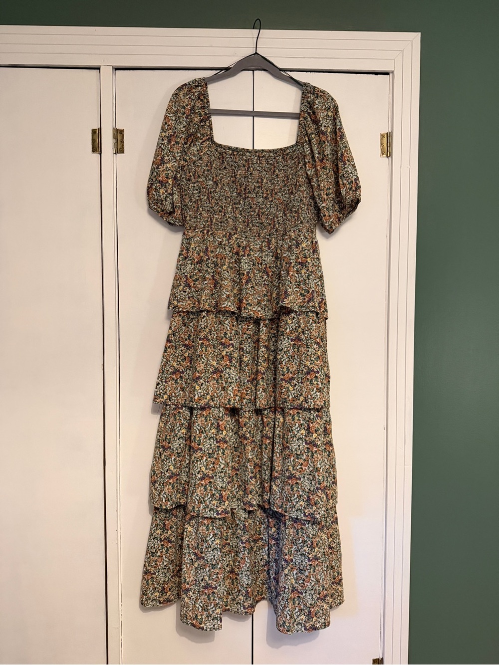 Smocked Puff-Sleeve Tiered Maxi Dress in Green Floral